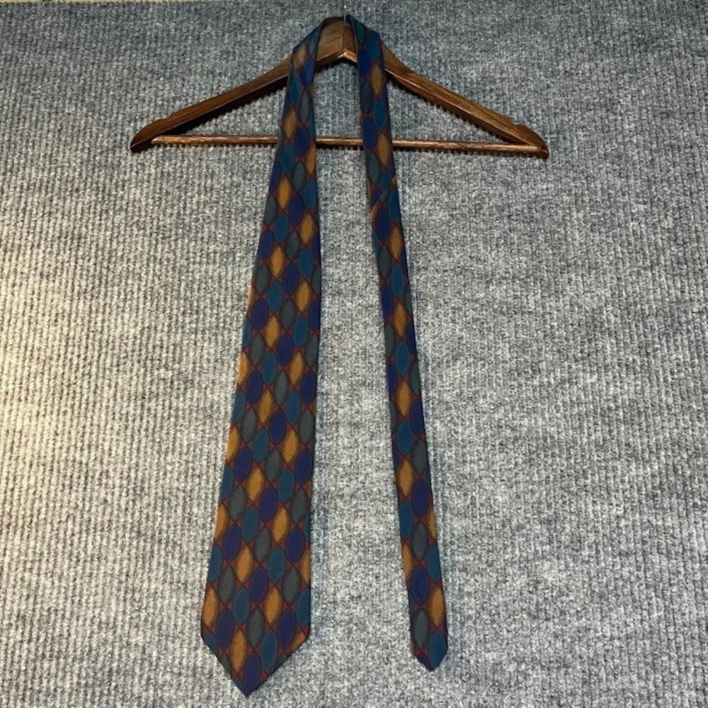 Colours by Alexander Julian Mens Silk Tie Blue Gold Geometric Harlequin Pattern